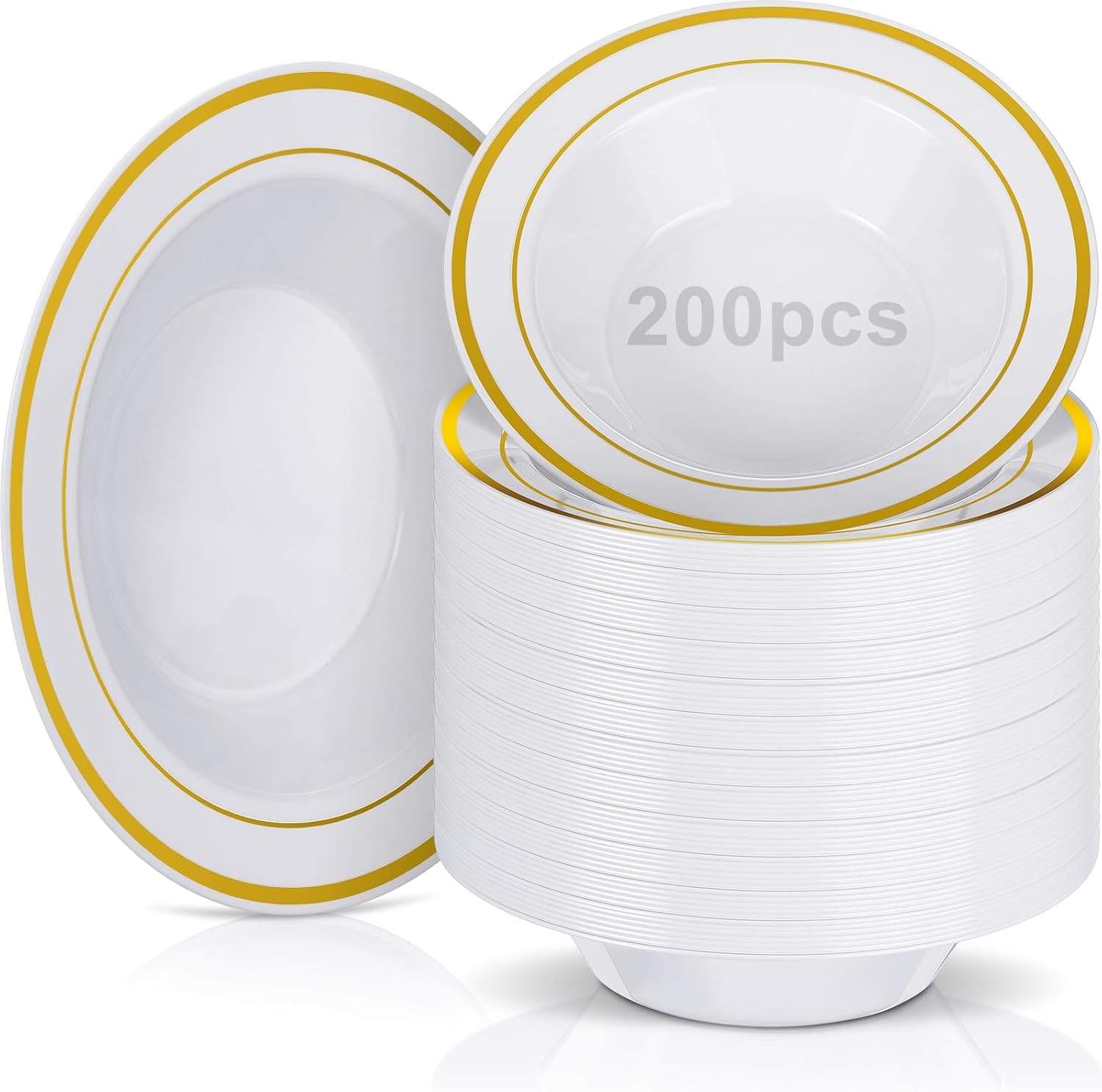 Jinei 200 Pieces 6 oz Plastic Bowls with Rim Small Disposable Soup Bowls for Dessert Salad Soup Candy Wedding Thanksgiving Catering Holidays Party Supplies (White Gold Rim)