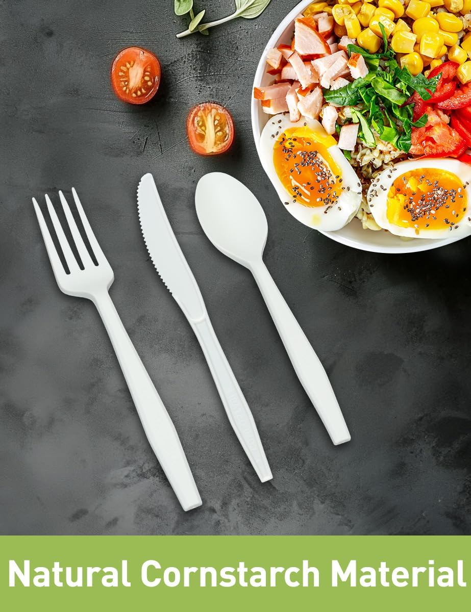 Compostable Forks No Plastic Silverware 200 count disposable cutlery flatware heavy duty party utensils Eco Friendly Heavyweight White Fork for Wedding Office BBQ Picnic Outdoor Event