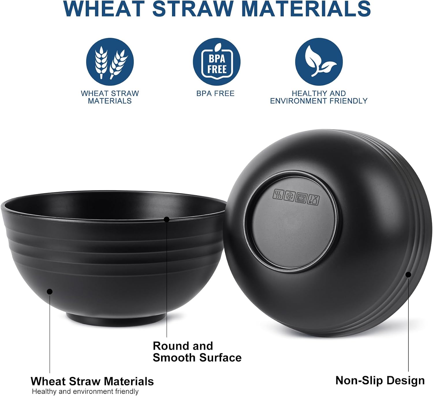 HOTEC BPA Free Unbreakable Wheat Straw Cereal Bowls - Microwave & Dishwasher Safe Soup and Salad Bowls  Set of 8  26oz  Black