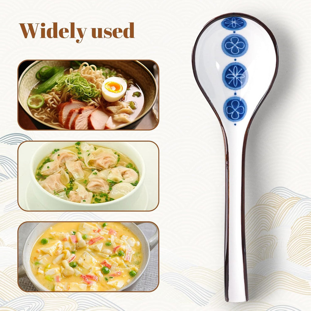 HANSGO Asian Soup Spoon  6 PCS Ceramic Soup Spoons for Ramen  Pho  Wonton  Miso  Dumplings  Rice  Noodle  Elegant Gifts for Friends Parents Family  with Long Handle  Easy to Hold  Non-slip Bottom