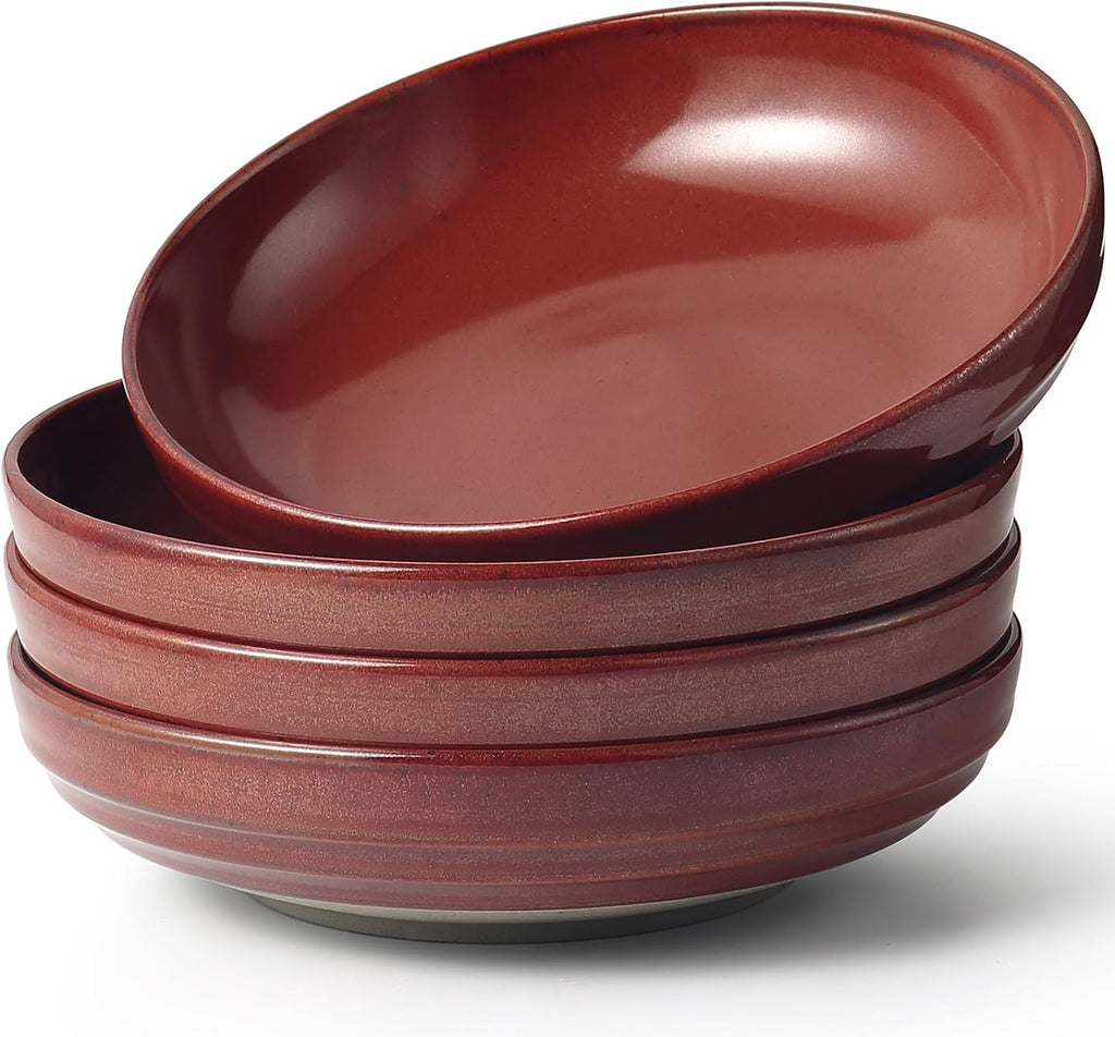 HAPPY KIT 9'' Pasta Bowls  42oz Pasta Bowls Set of 4  Large Salad Bowl  Ceramic Serving Bowls Double Reactive Glaze  Ideal for Housewarming  Festivals  Microwave Safe (Dark Ruby)