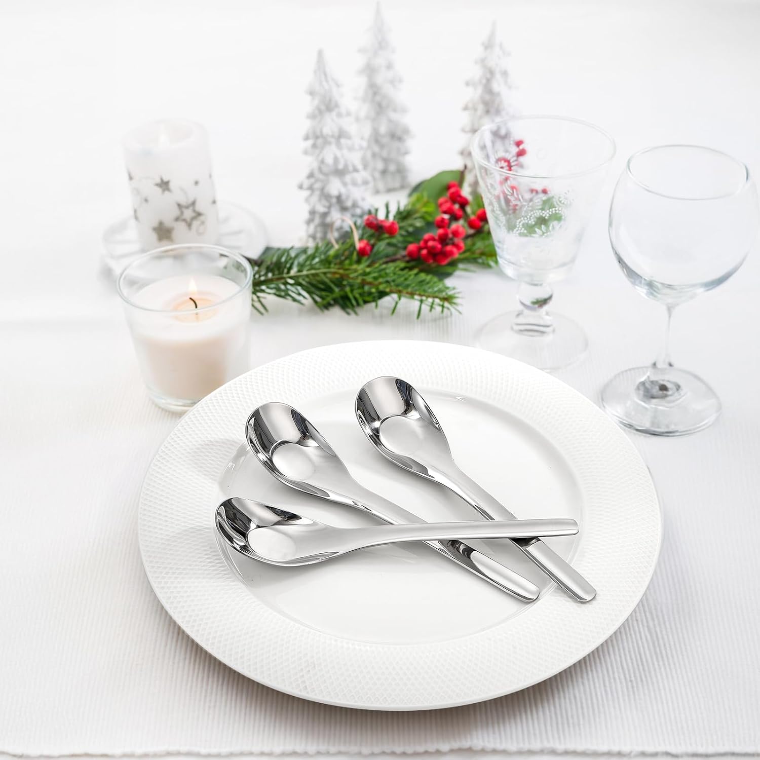 12 Pack Stainless Steel Soup Spoons  Premium Mirror Polished Chinese Dinner Spoons  Heavy Weight Table Spoon with Ergonomic Handle for Bouillon  Ramen  Pho  Wonton  Rice  Dishwasher Safe