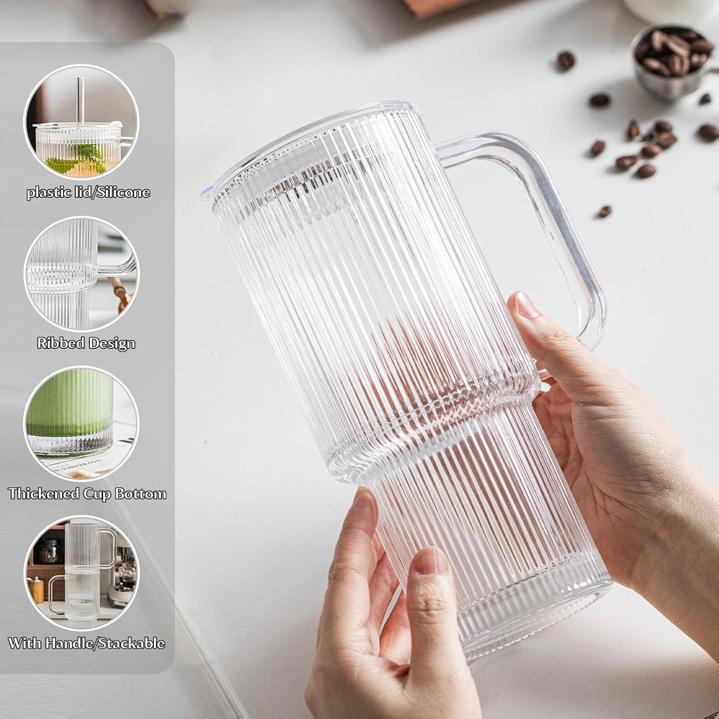 INSETLAN 26oz Ribbed Glass Tumbler with Handle & Lid – 2-Pack Large Iced Coffee Cups with Straws  Modern Glass Mug for Cold & Hot Beverages  Aesthetic Travel Cup for Smoothies  Tea  and Juice