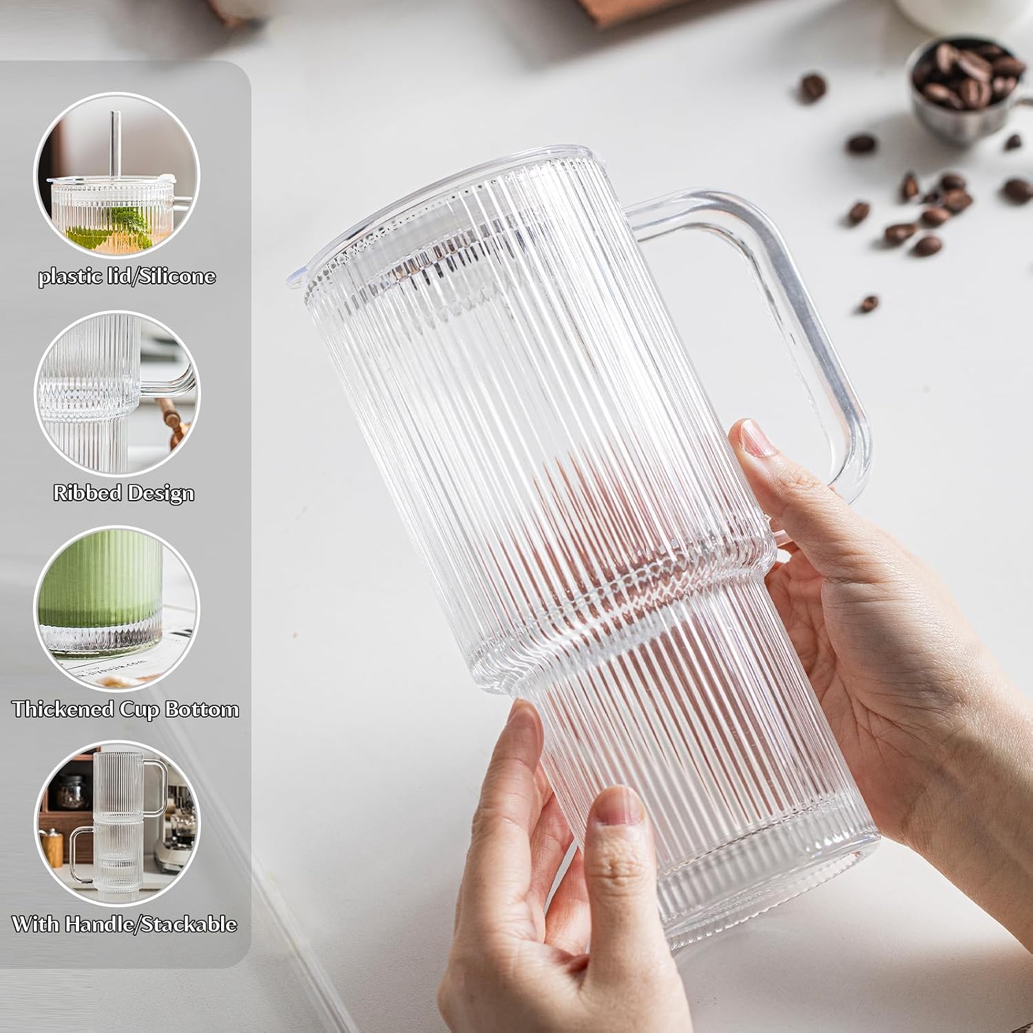 INSETLAN 26oz Ribbed Glass Tumbler with Handle & Lid – 2-Pack Large Iced Coffee Cups with Straws  Modern Glass Mug for Cold & Hot Beverages  Aesthetic Travel Cup for Smoothies  Tea  and Juice
