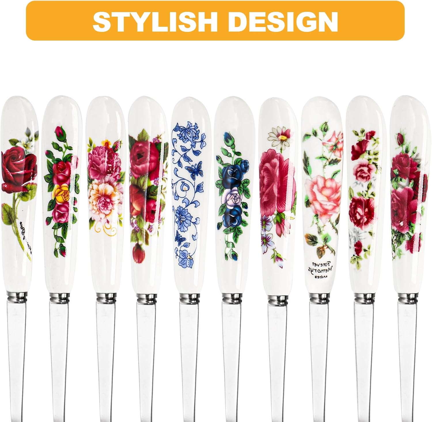 Nicunom 20 Pcs Dessert Forks and Spoons Silverware Set  Stainless Steel Mini Fork Spoon with Ceramic Handle  Floral Design Tea Coffee Spoon Cake Fruit Fork for Dessert  Appetizers  Salad