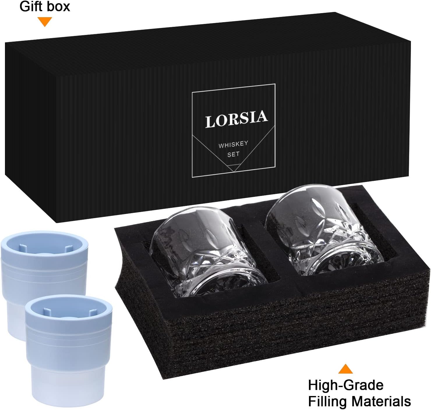 Whiskey Rocks Glass  Set of 4 (2 Crystal Bourbon Glasses  2 Round Big Ice Ball Molds) In Gift Box - 10 Oz Old Fashioned Glasses for Scotch Cocktail Rum Cognac Vodka Liquor  Unique Gifts for Men