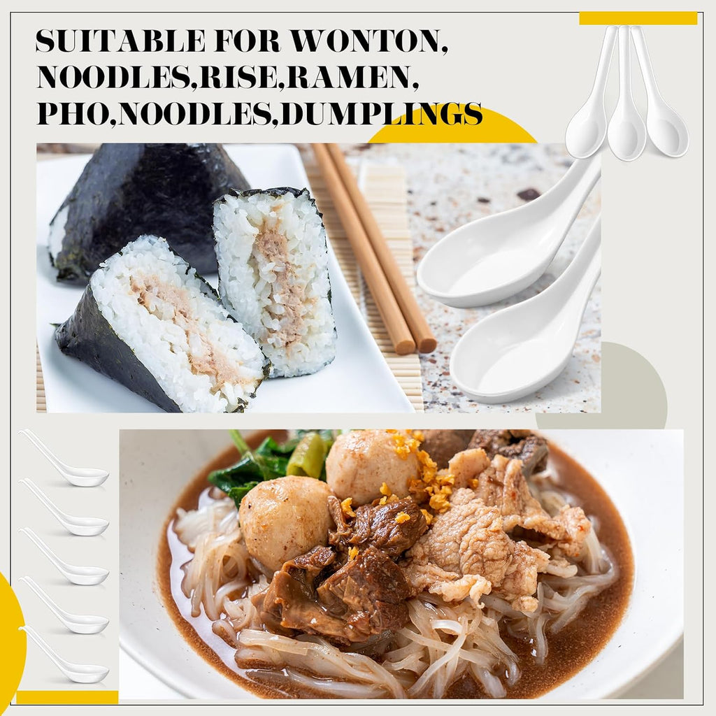 Hushee 100 Pcs Asian Soup Spoon Large Chinese Noodle Ramen Reusable Japanese Pho Spoon Bulk with Hook for Home Restaurant
