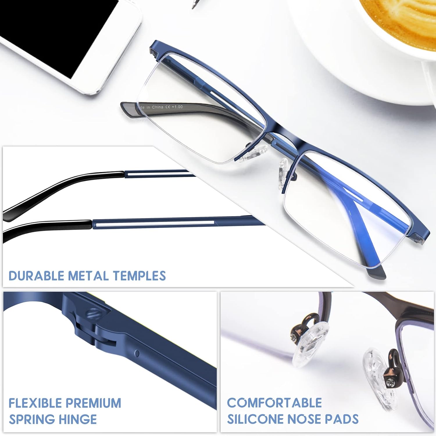 Blue Light Blocking Reading Glasses for Men  Half Frame Metal Readers Spring Hinge Eyeglasses Anti Eyestrain/Glare/UV