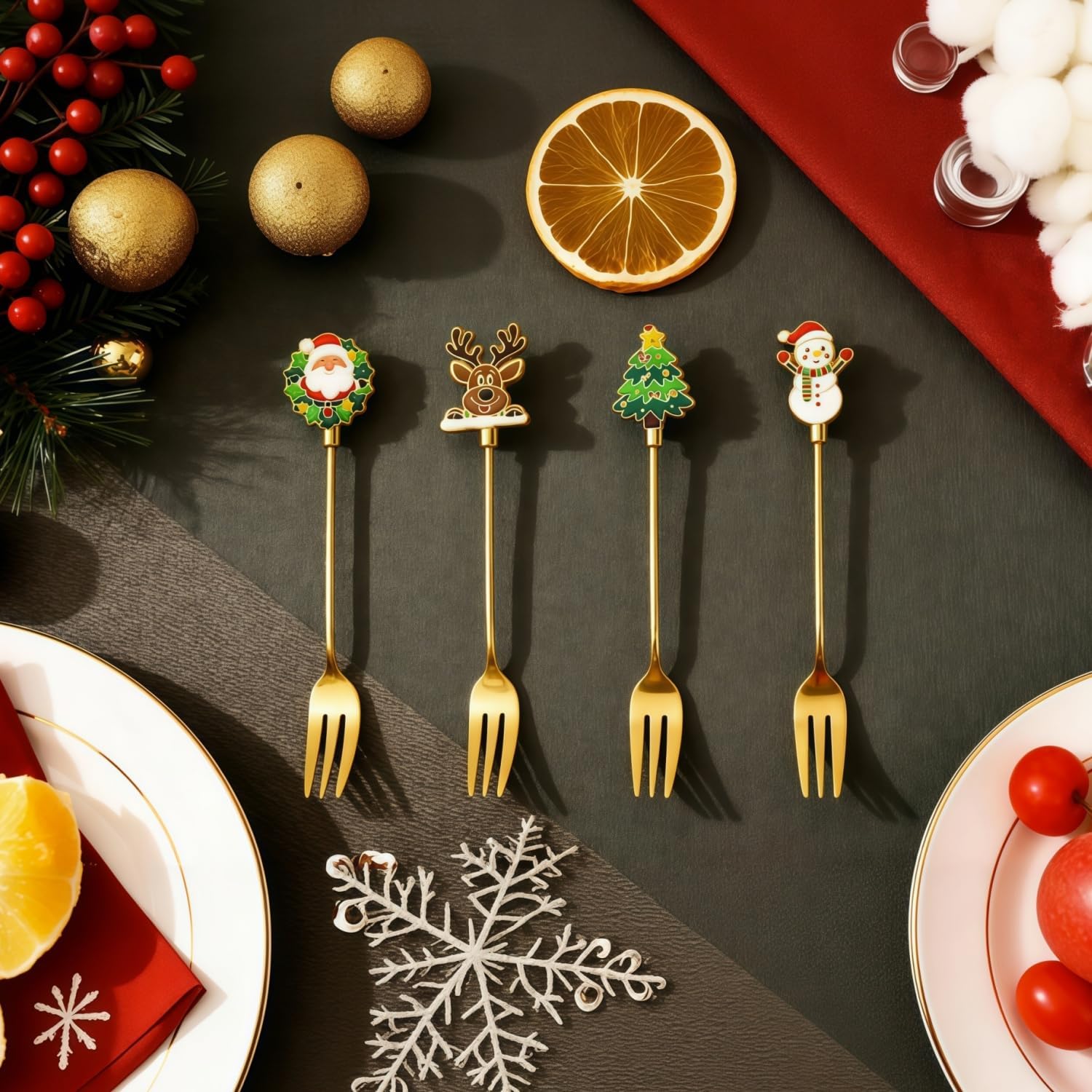 4-Piece Christmas Forks Set Premium 304 Forks Stainless Steel Dishwasher Safe.Small Gold Forks for Cake Dessert Salad Appetizers Fruit Olive& Cocktail for Afternoon Tea  Festive Party Table Setting