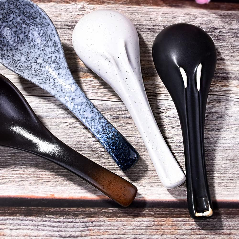 Ceramic Asian Soup Spoons Set of 4 Chinese and Japanese Tablespoons Porcelain Rice Spoons for Soup Ice cream Oats and Cereal