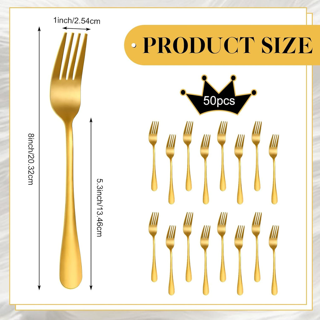 50Pcs Gold Stainless Steel Dinner Forks 8 Inch  Cutlery Forks  Metal Forks for Home  Restaurant  Kitchen  Dishwasher Safe Suitable for Salad  Dessert  Beef Steak  Spaghetti  Mirror Polished