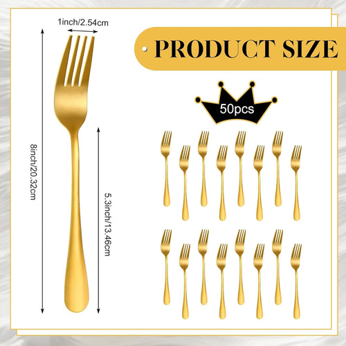 50Pcs Gold Stainless Steel Dinner Forks 8 Inch  Cutlery Forks  Metal Forks for Home  Restaurant  Kitchen  Dishwasher Safe Suitable for Salad  Dessert  Beef Steak  Spaghetti  Mirror Polished