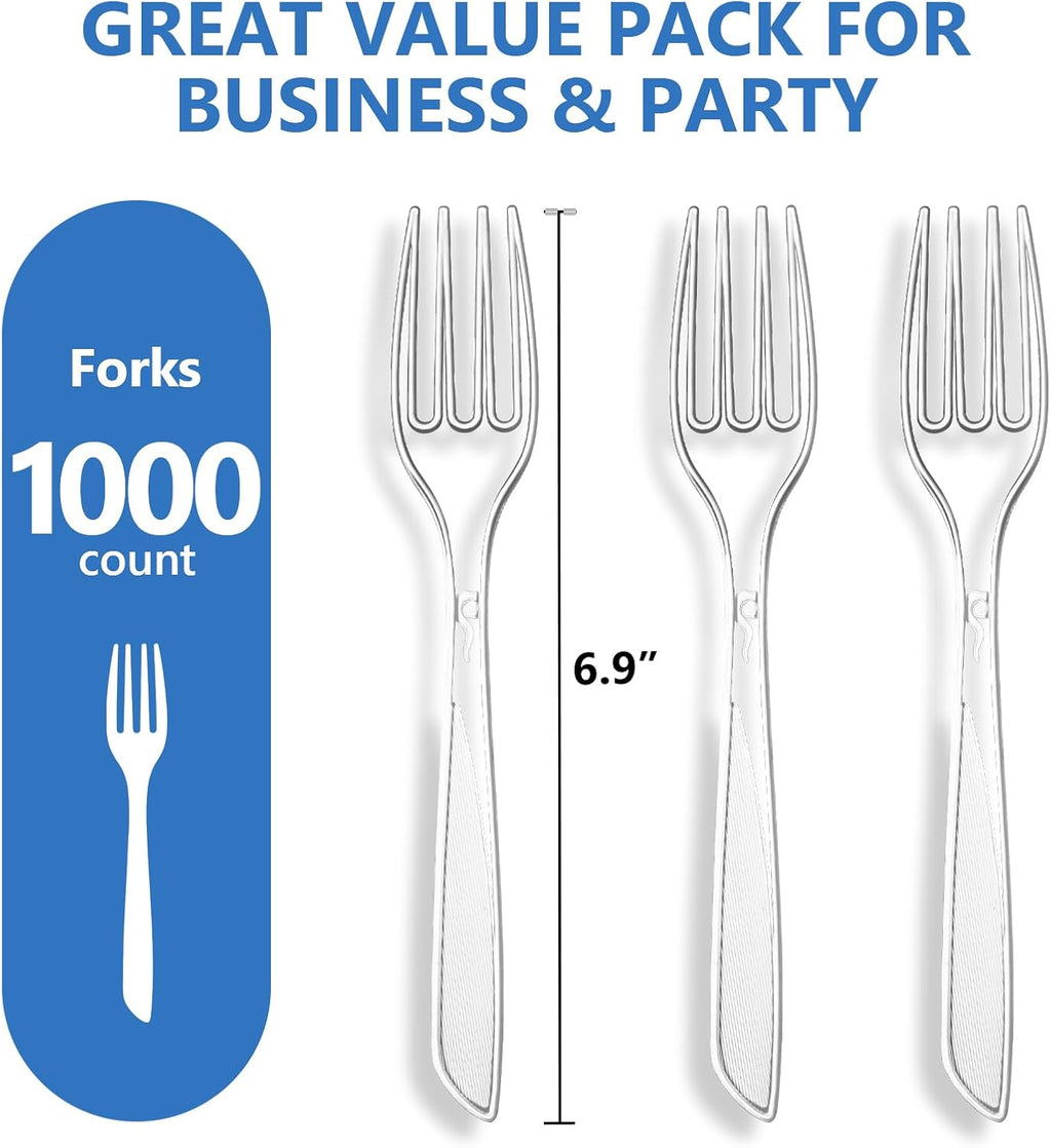 SACATR 1000 Count Heavy Duty Clear Plastic Forks BPA-Free Heat Resistant Disposable Plastic Forks Bulk  Solid Durable Premium Cutlery for Parties  Events and Everyday Use