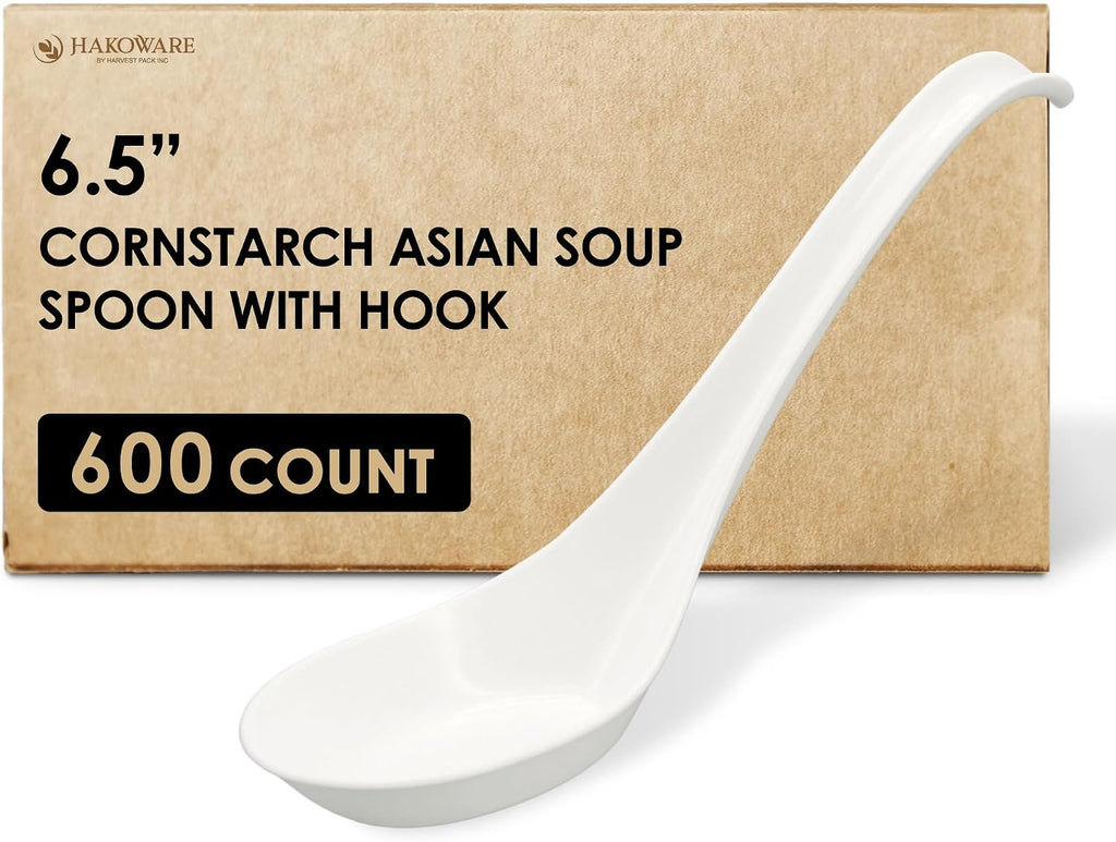 [600 COUNT] HAKOWARE Disposable Asian Soup Spoons with Hook  Plastic-Free Heavy Duty Spoons  made from Crystalized Cornstarch  for Take-out Ramen Pho Noodles