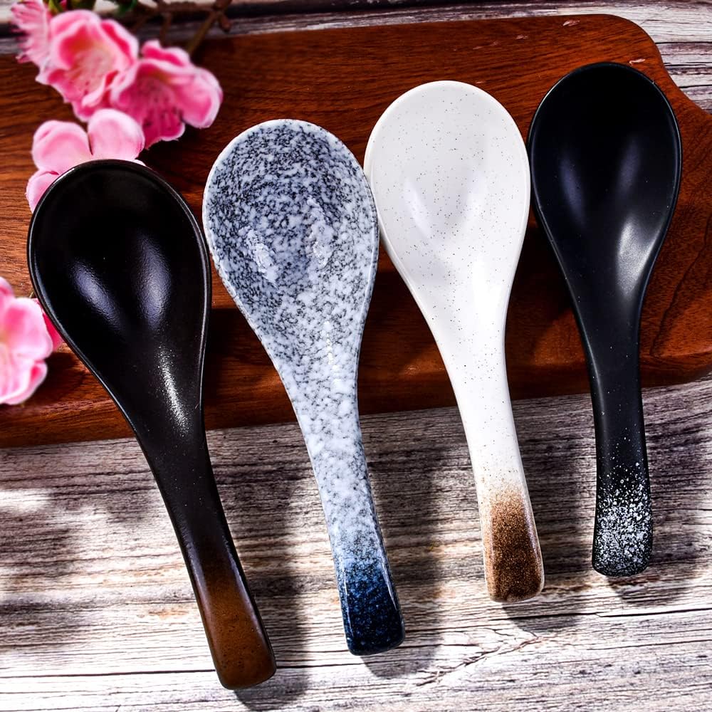 Ceramic Asian Soup Spoons Set of 4 Chinese and Japanese Tablespoons Porcelain Rice Spoons for Soup Ice cream Oats and Cereal