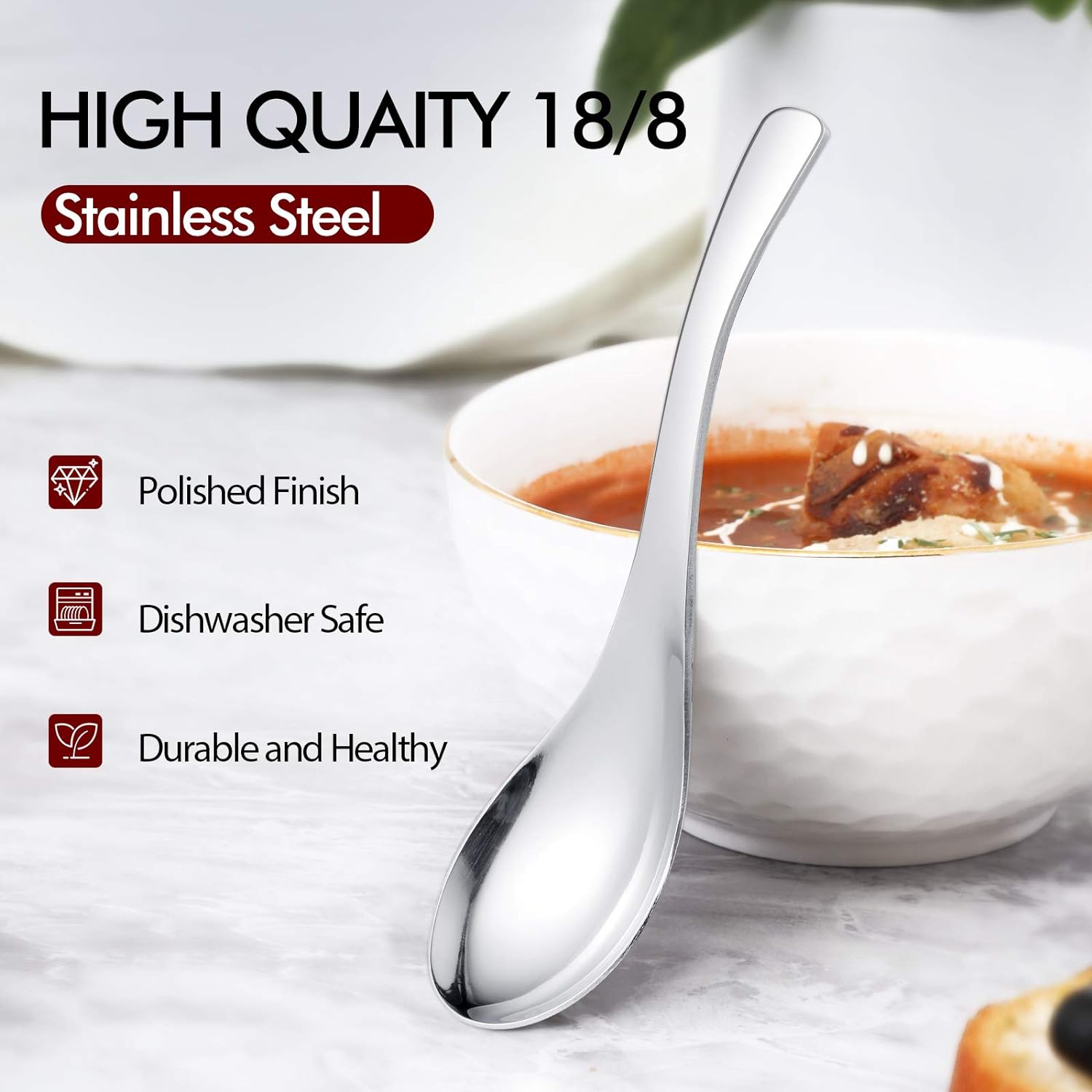 HIWARE Thick Heavy-weight Soup Spoons  High Grade Stainless Steel Soup Spoons  Set of 6