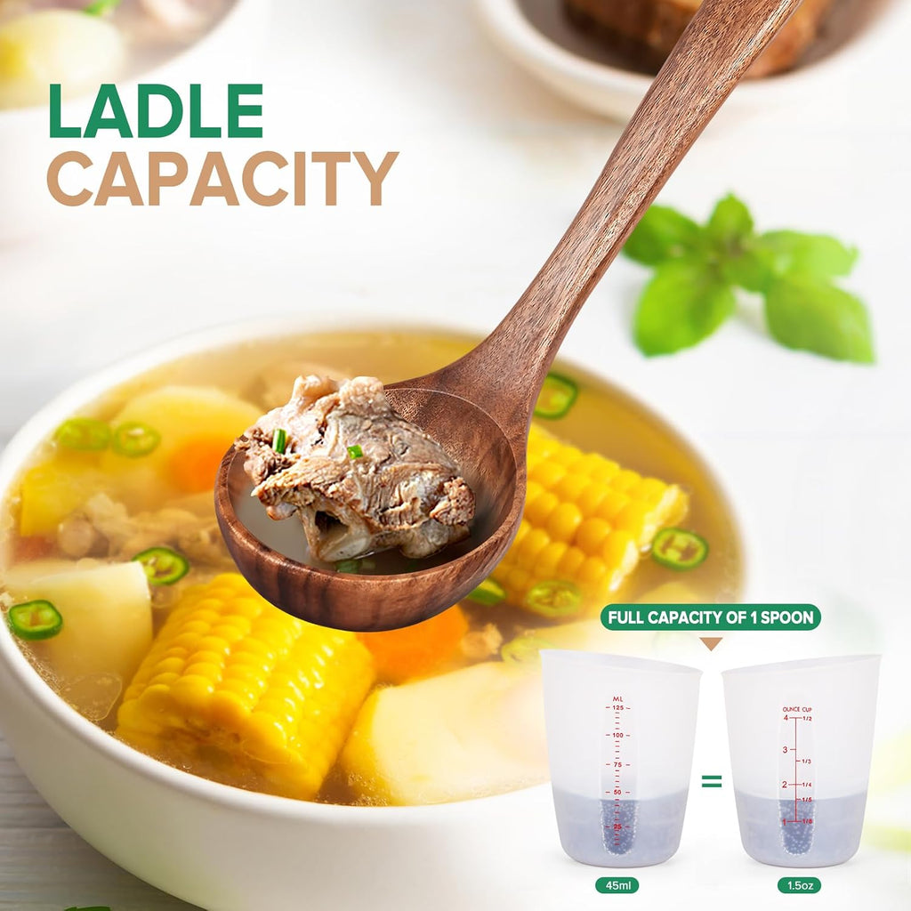 Wooden Spoons for Cooking 2 Pcs Wooden Utensil Set of Soup Ladle &Spaghetti Pasta Spoon with Teeth  Teak Wood Soup Ladle&Slotted Pasta Fork Strainer Spoon Set for Serving Collecting Noodle Gravy Sauce