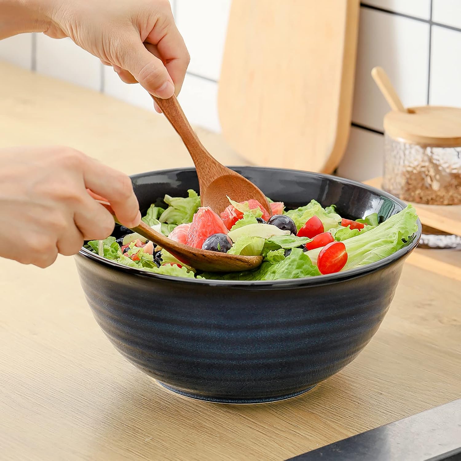 HASENSE Ceramic Serving Bowls  9 Inch Large Salad Bowls for Kitchen  84 Ounce Mixing Bowl Set of 2  Ideal for Soup Pho Pasta Popcorn  Dishwasher & Microwave Safe(Blue)