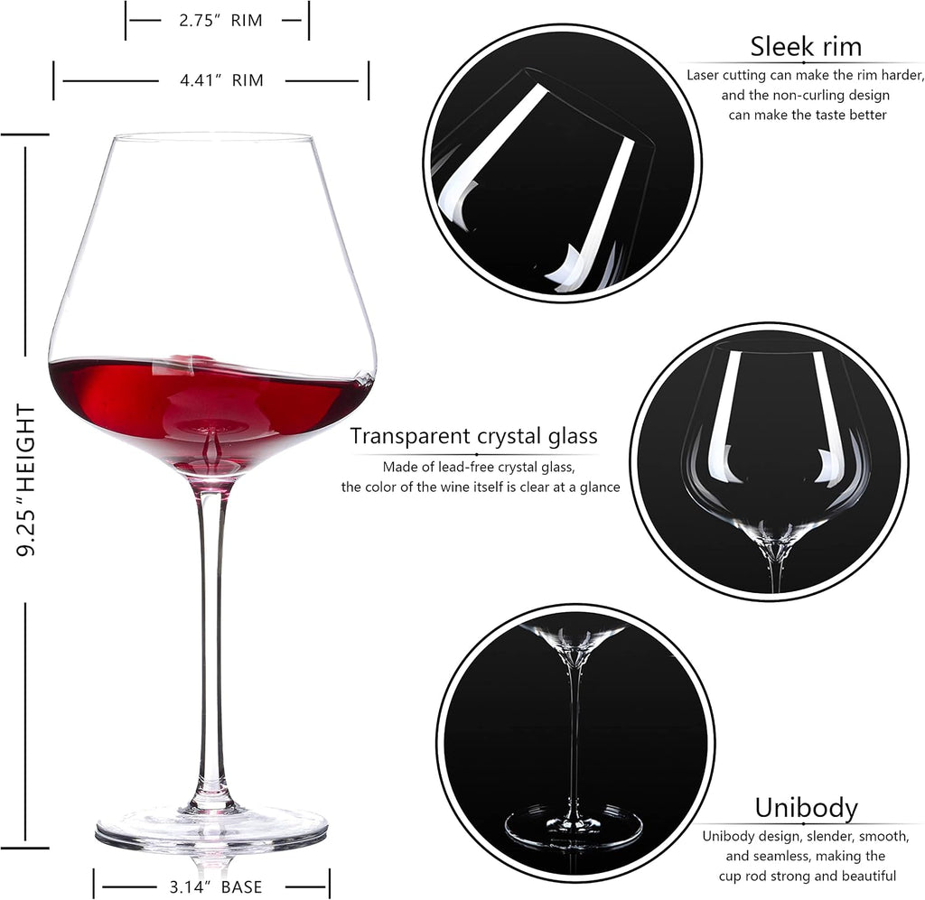 BACLIFE Hand Blown Red Wine Glasses Set of 4 – 23 oz Burgundy Wine Glasses With Long Stem – Large Premium Crystal Wine Glass – Unique Gift for Wedding  Anniversary  Mother’s Day – Clear
