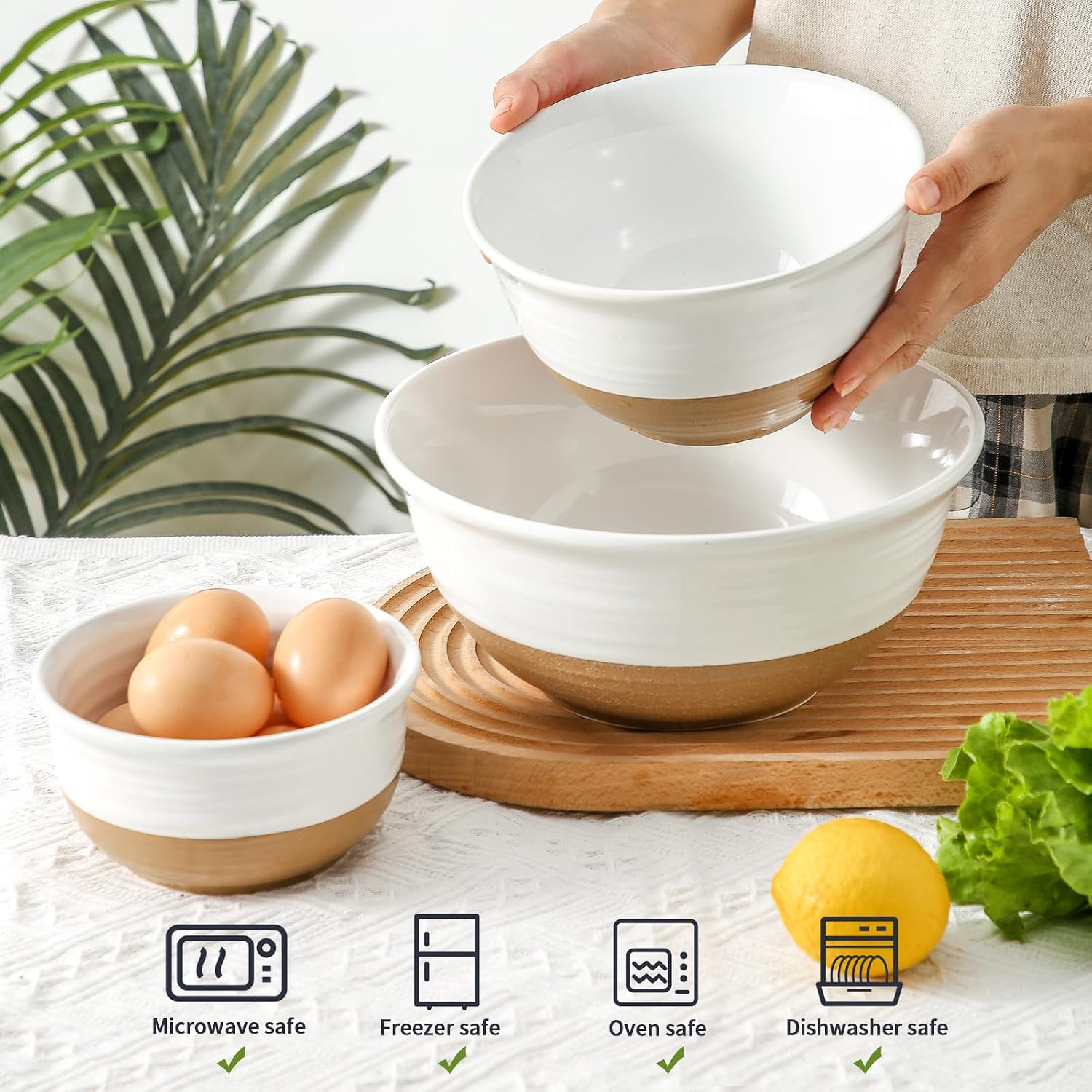 HASENSE Serving Bowls Ceramic Mixing Bowls  Large Salad Pasta Bowls Set  2.1/1.0/0.5 Qt for Entertaining  White Nesting Batter Bowls for Prepping Baking  Dishwasher Microwave Safe  Set of 3