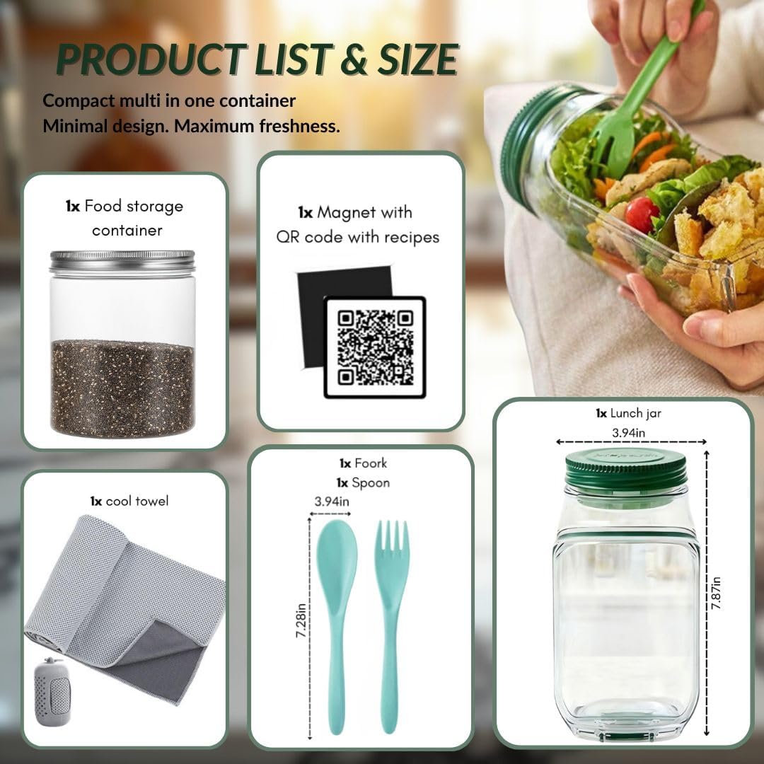 6-in-1 Salad Lunch Kit with Side-Opening Jar – Leakproof BPA-Free Container with Dressing Cup  Reusable Fork & Spoon for Healthy Lunches On-the-Go