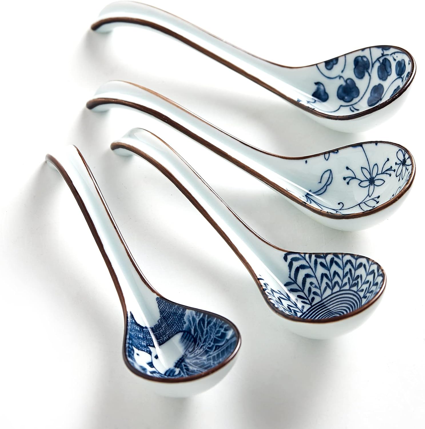 Ceramic Asian Soup Spoons  Easy to Hold  Long Handle Perfect Depth Spoon Set for Japanese Ramen Noodles  Chinese Dumpling  Pho  Miso  Wonton  Dishwasher Safe -Set of 4 - Blue