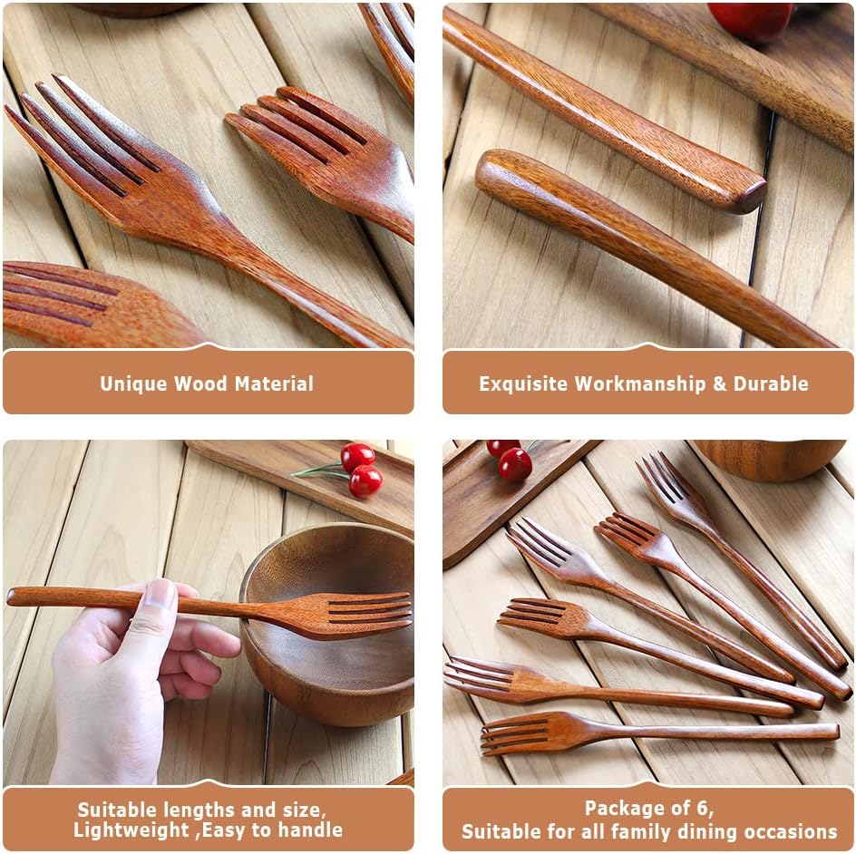 Forks Wooden Forks  AOOSY 6 Pieces Eco-friendly Japanese Wood Salad Dinner Forks Wooden Forks Set Reusable Handmade Natural Wood Flatware Set for Cooking Stirring Eating