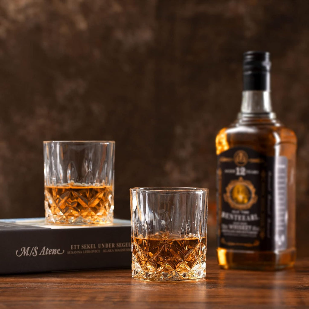 Whiskey Rocks Glass  Set of 4 (2 Crystal Bourbon Glasses  2 Round Big Ice Ball Molds) In Gift Box - 10 Oz Old Fashioned Glasses for Scotch Cocktail Rum Cognac Vodka Liquor  Unique Gifts for Men