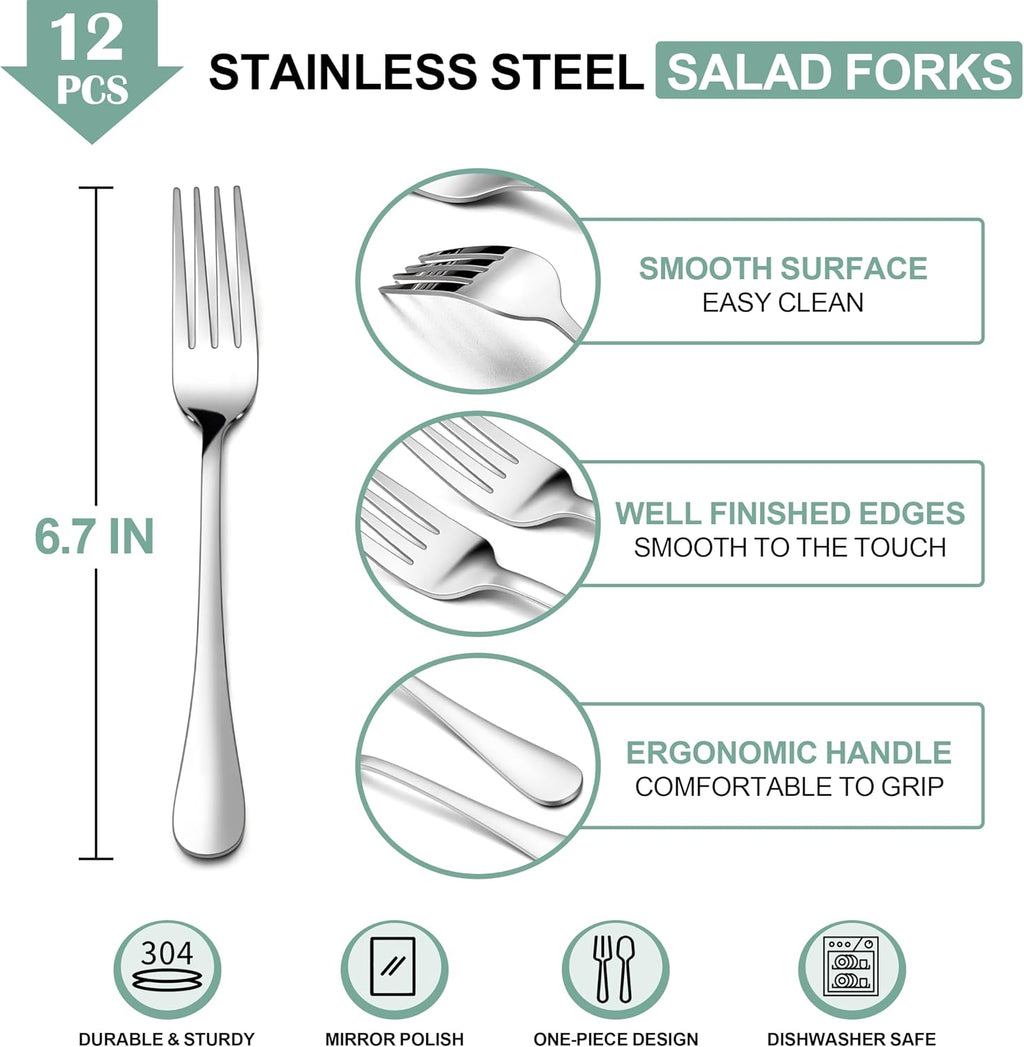 E-far Salad Forks Set of 12  Stainless Steel Small Appetizer Dessert Forks  Mirror Finish & Dishwasher Safe  6.7-Inch