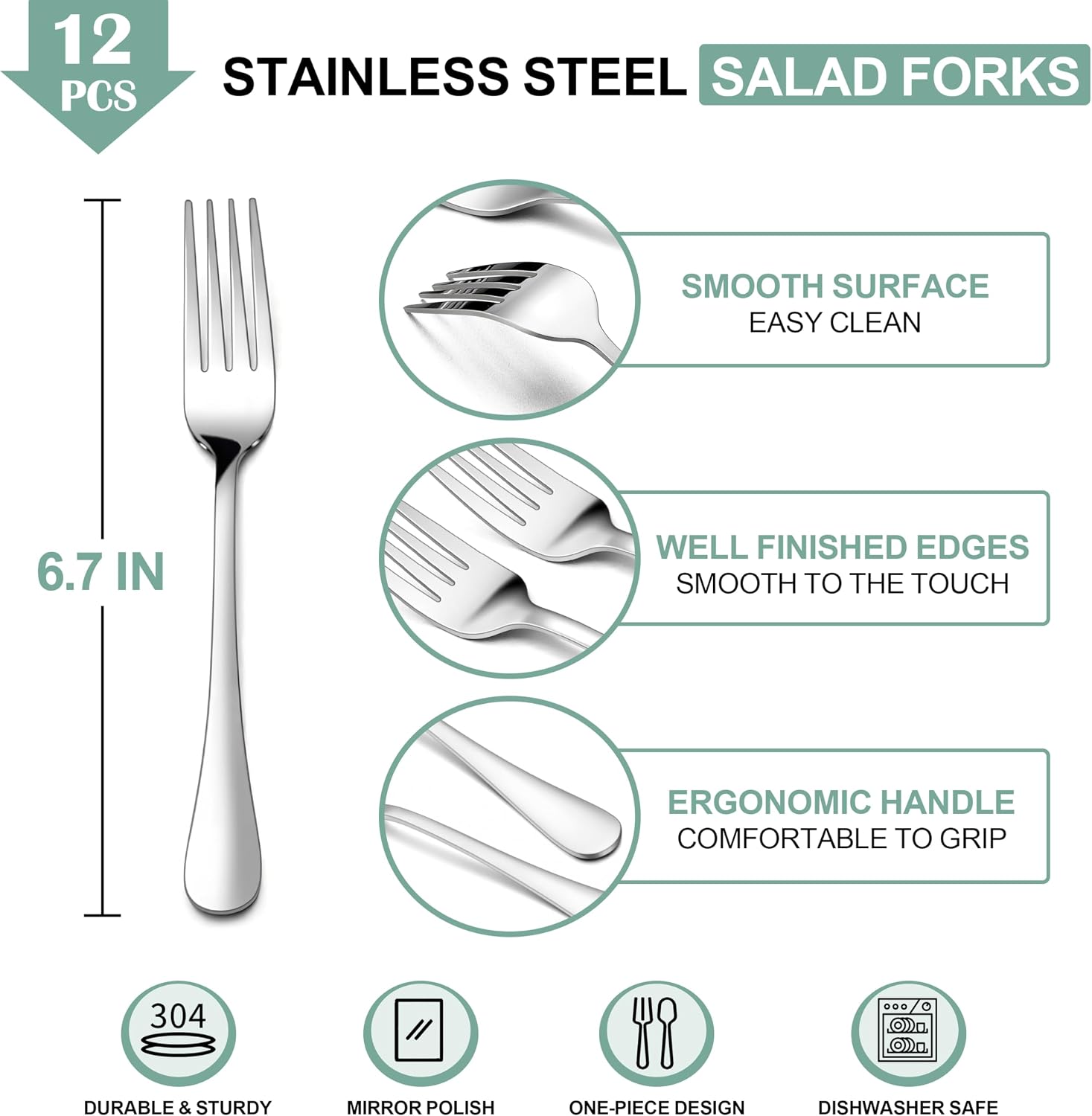 E-far Salad Forks Set of 12  Stainless Steel Small Appetizer Dessert Forks  Mirror Finish & Dishwasher Safe  6.7-Inch
