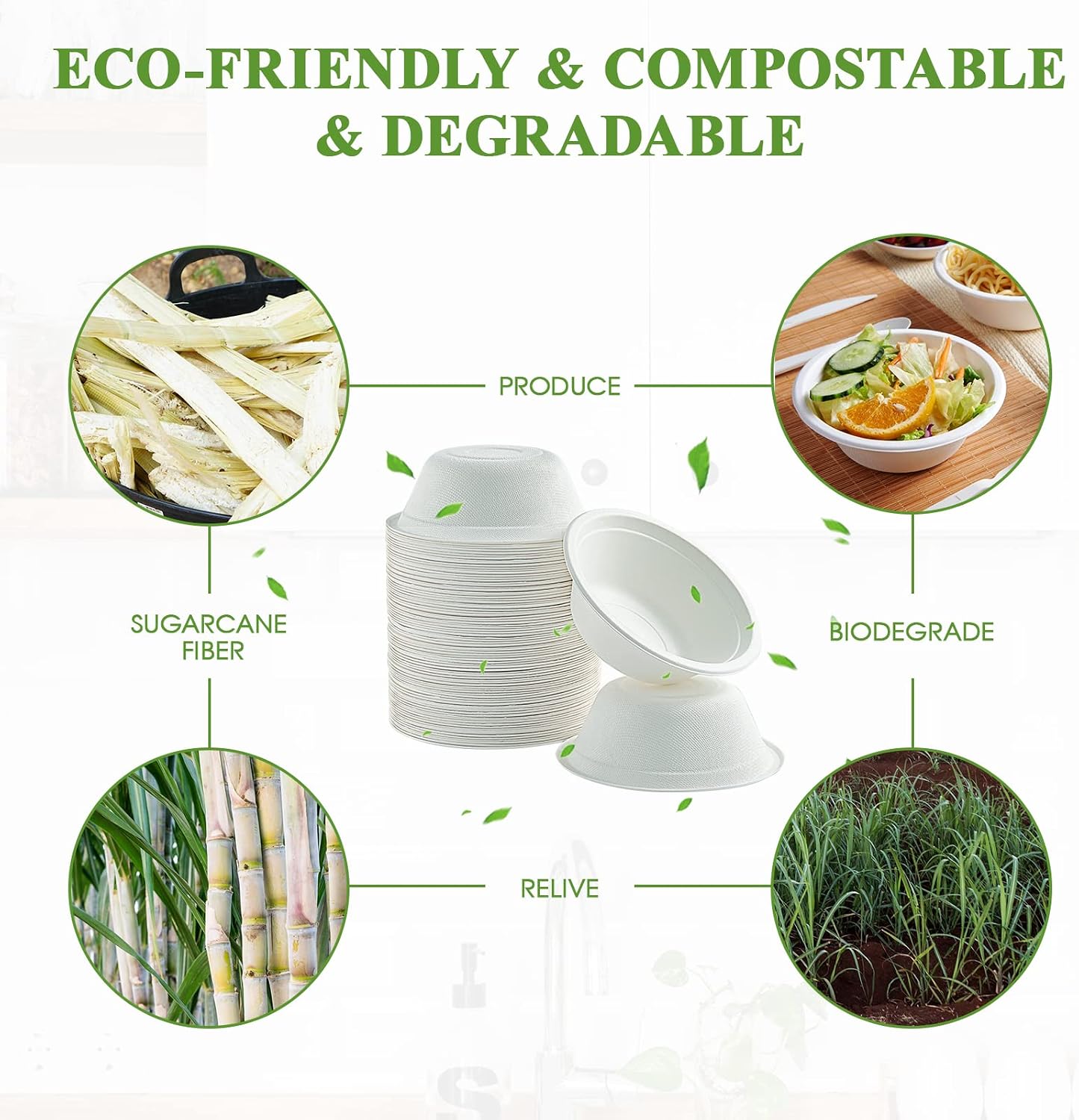Vplus 200 Pack 12 OZ Paper Bowls  Disposable Compostable Bowls Bulk  Eco-friendly Bagasse Bowls  Heavy-duty Bowls Perfect for Milk Cereals  Snacks  Salads