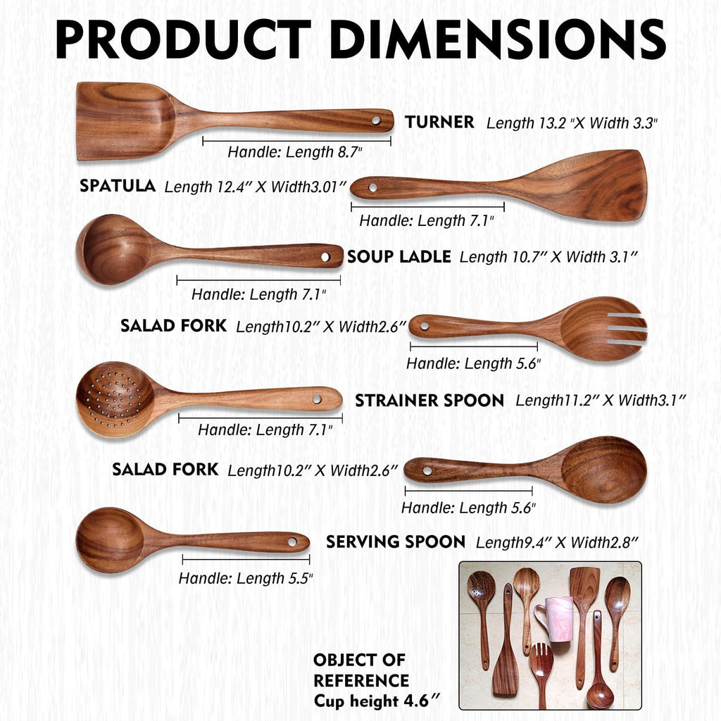 Wooden Non-Stick Kitchen Pan Toolset 7 Pieces Set 100% Natural Teak Kitchen Utensils Spatula  Wooden Cooking Utensils Spoons  Fried Spatula and Salad Fork