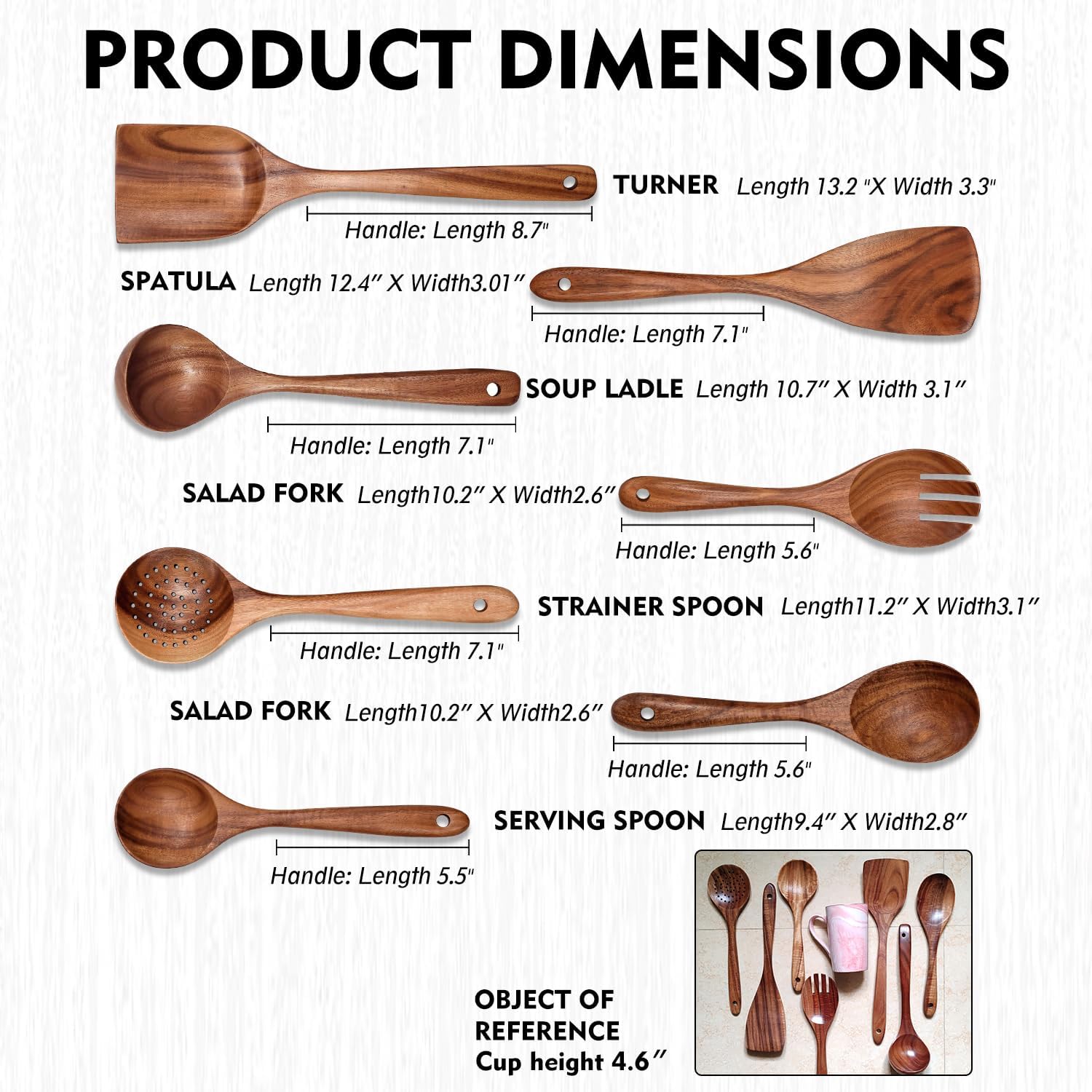 Wooden Non-Stick Kitchen Pan Toolset 7 Pieces Set 100% Natural Teak Kitchen Utensils Spatula  Wooden Cooking Utensils Spoons  Fried Spatula and Salad Fork