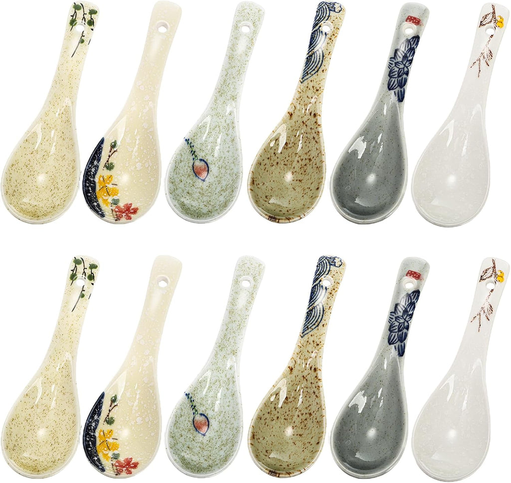 Set of 12 Asian Soup Spoons Ceramic  Retro Japanese Soup Spoons  Delicate Chinese Serving Spoon  Porcelain Ramen Spoon for Pho Miso Noodles Dessert Wonton Dumpling  Dishwasher Safe  5.5''L