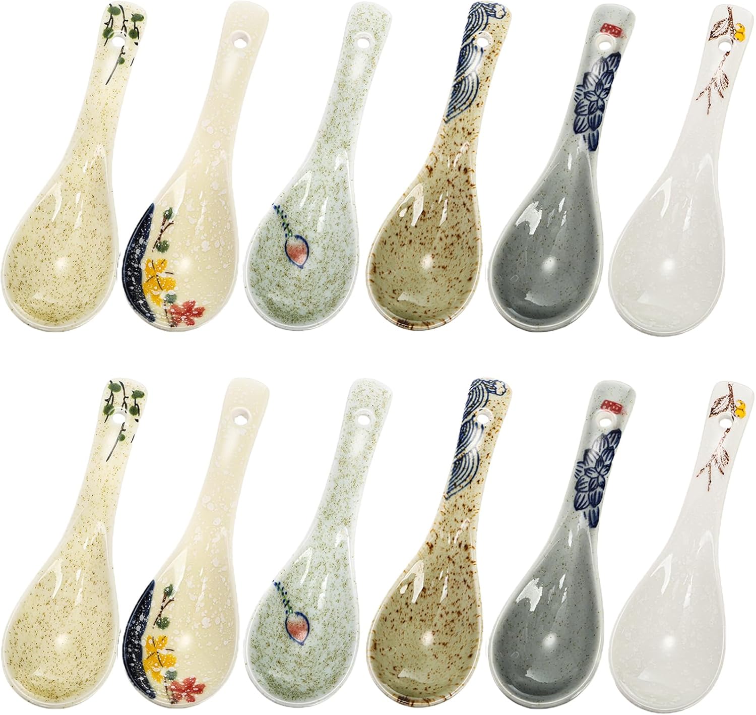 Set of 12 Asian Soup Spoons Ceramic  Retro Japanese Soup Spoons  Delicate Chinese Serving Spoon  Porcelain Ramen Spoon for Pho Miso Noodles Dessert Wonton Dumpling  Dishwasher Safe  5.5''L