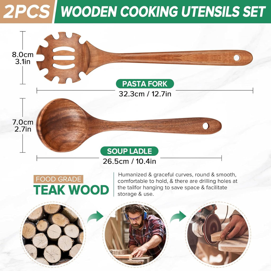 Wooden Spoons for Cooking 2 Pcs Wooden Utensil Set of Soup Ladle &Spaghetti Pasta Spoon with Teeth  Teak Wood Soup Ladle&Slotted Pasta Fork Strainer Spoon Set for Serving Collecting Noodle Gravy Sauce