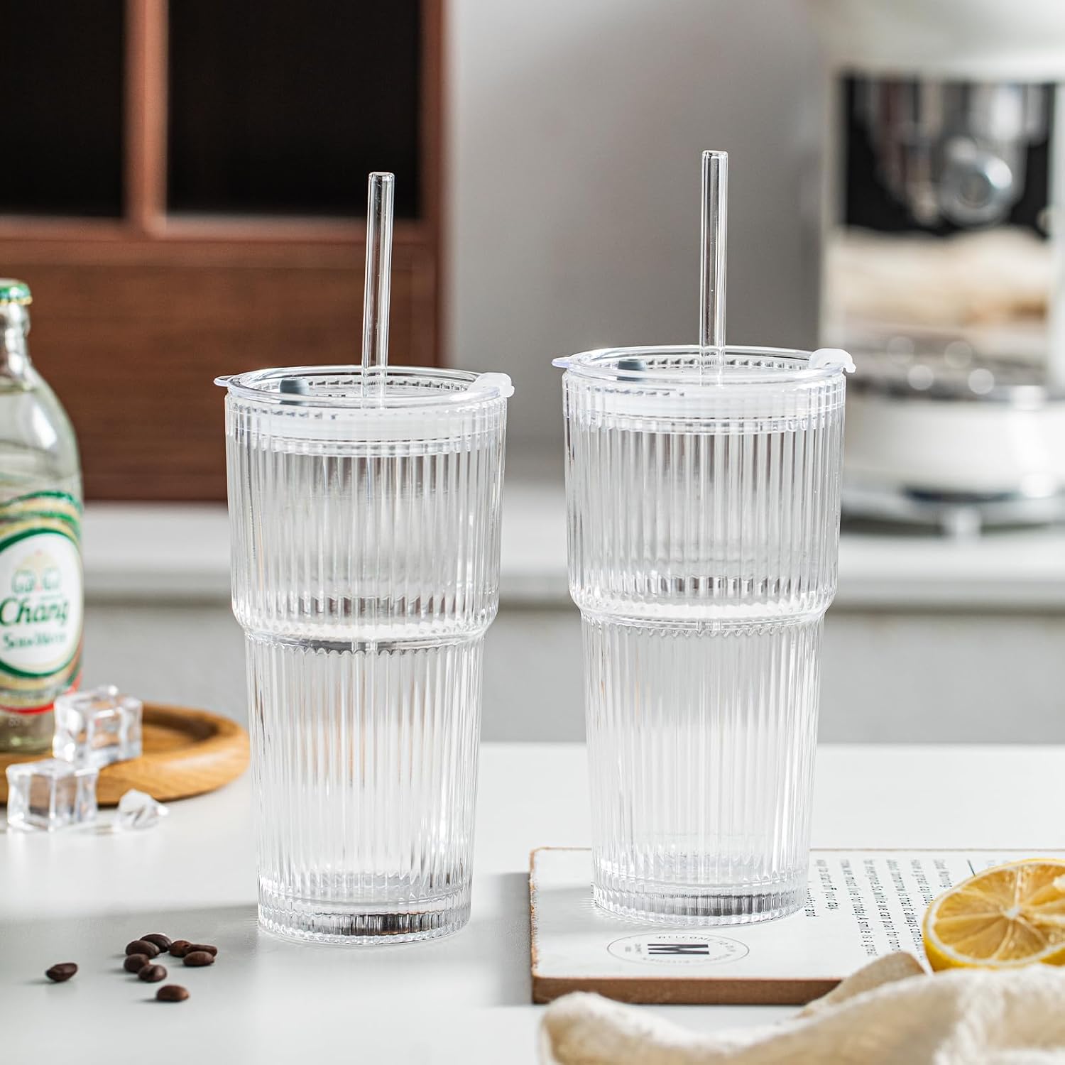 INSETLAN 20 oz Ribbed Glass Tumblers with Lids and Glass Straws – 4-Piece Glassware Set  Thickened Wall  Ideal for Iced Coffee  Smoothies  Cocktails  and Juices – Elegant and Durable Drinkware
