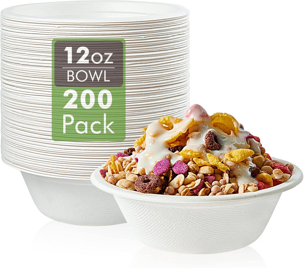 Vplus 200 Pack 12 OZ Paper Bowls  Disposable Compostable Bowls Bulk  Eco-friendly Bagasse Bowls  Heavy-duty Bowls Perfect for Milk Cereals  Snacks  Salads