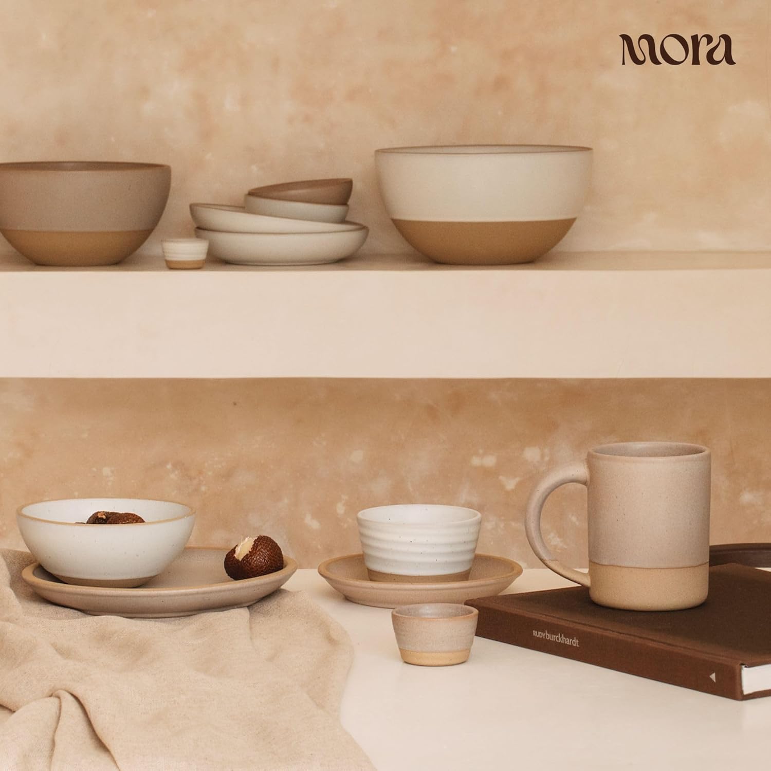 MORA Mega and Giant Bowls Set of 2  5.5 and 3.5 Qt Ceramic Pottery Mixing Bowls - Microwave and Dishwasher Safe - Oat