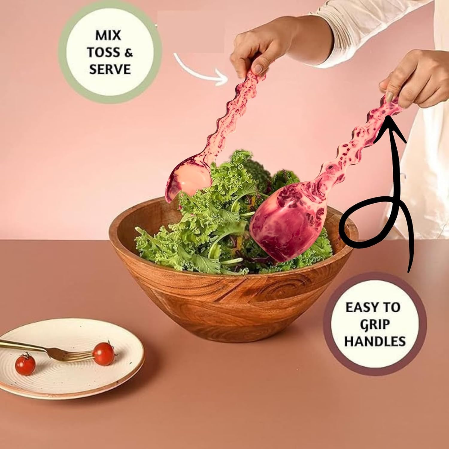 Vintage Style Salad Serving Spoon & Fork Set | Durable Lightweight Resin Utensils with Textured Handles | Elegant Retro Flatware for Kitchen  Dining  Entertaining & Gift Giving (Peach)