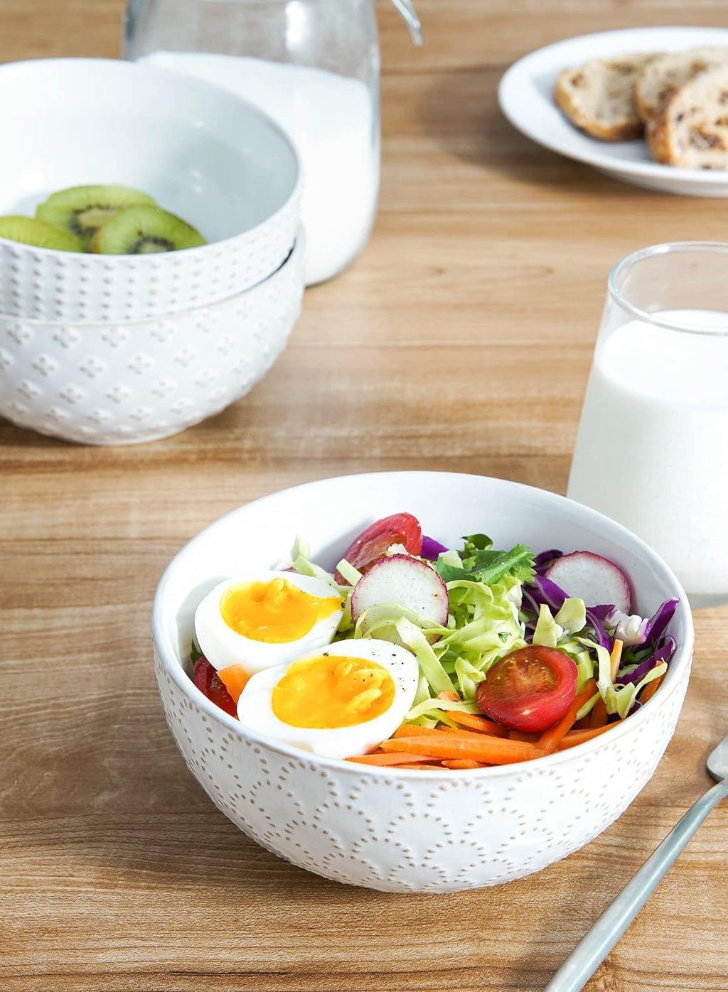 LE TAUCI Cereal bowls 26 oz  Ceramic Soup Bowl for Kitchen  Embossment Stoneware Bowl for Pho  Chip  Fruits  Salad  Noodle  Ramen  Suit For Housewarming - 6 Inch  Set of 4  Arctic white