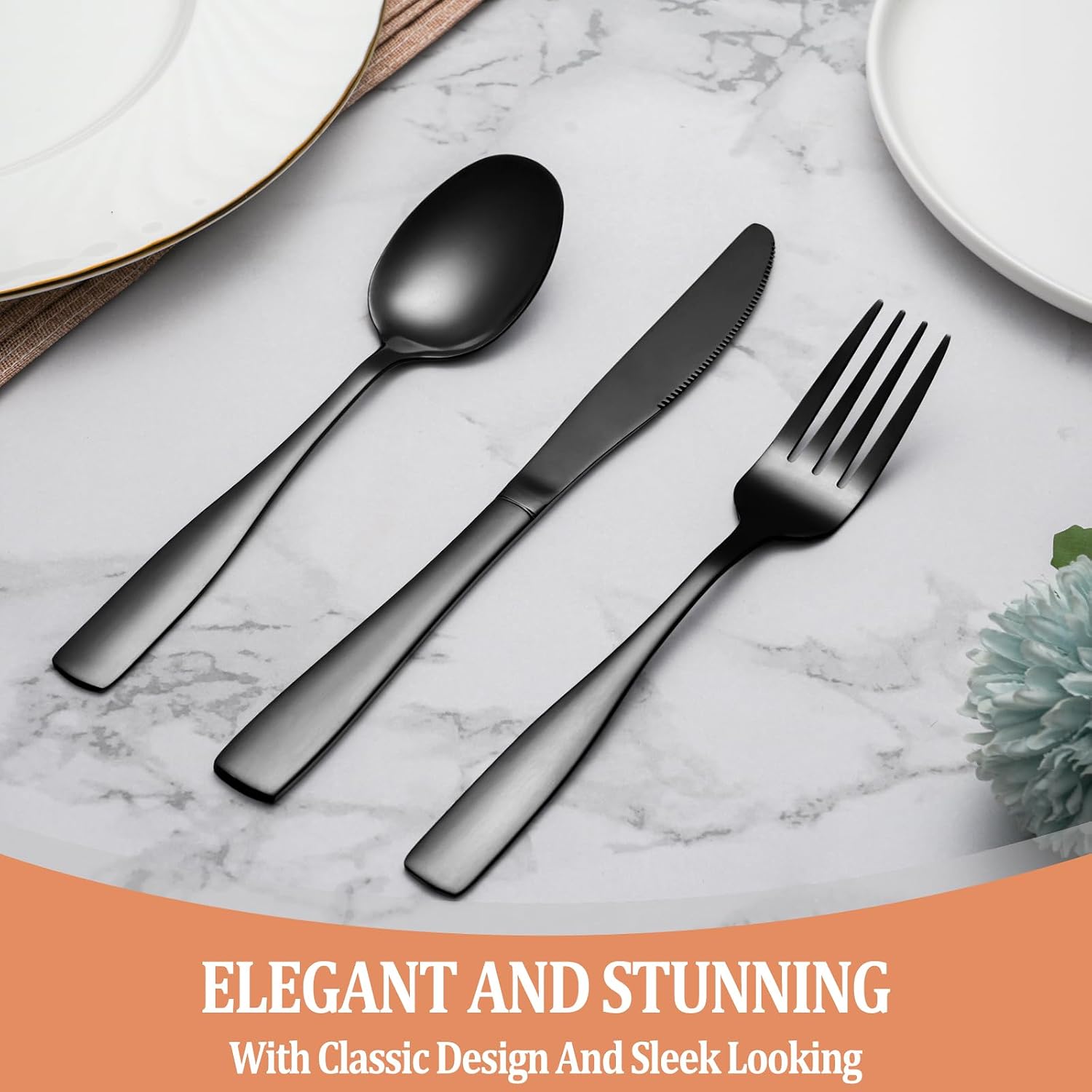 20 Pcs Black Silverware Set  Food-Grade Stainless Steel Flatware Set for 4  Square Cutlery Set  Mirror Polished Tableware Eating Utensils Set for Kitchen  Include Knife Fork Spoon Set Dishwasher Safe