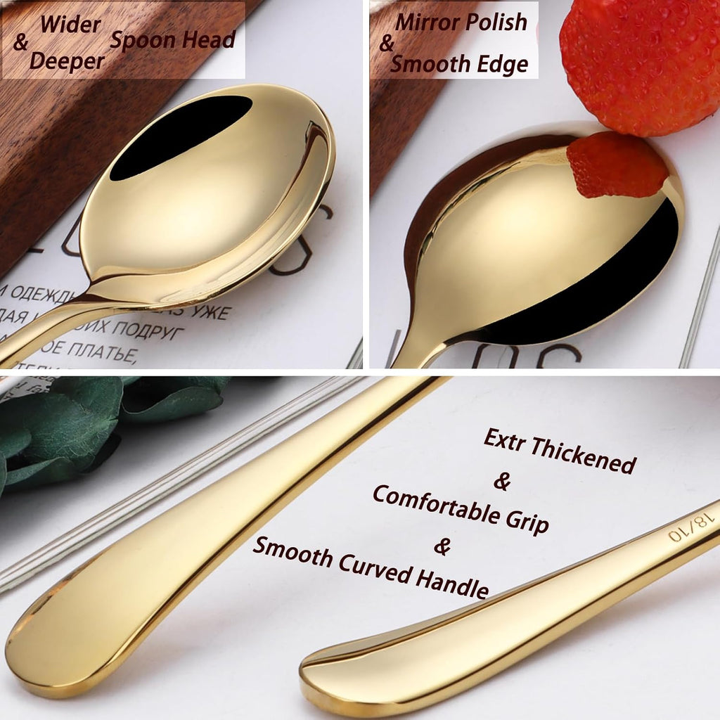 7" Round Soup Spoons Set of 4 18/10 Stainless Steel Heavy Duty with Deep Bowl Fine Mirror Polished Dishwasher Safe(Gold)