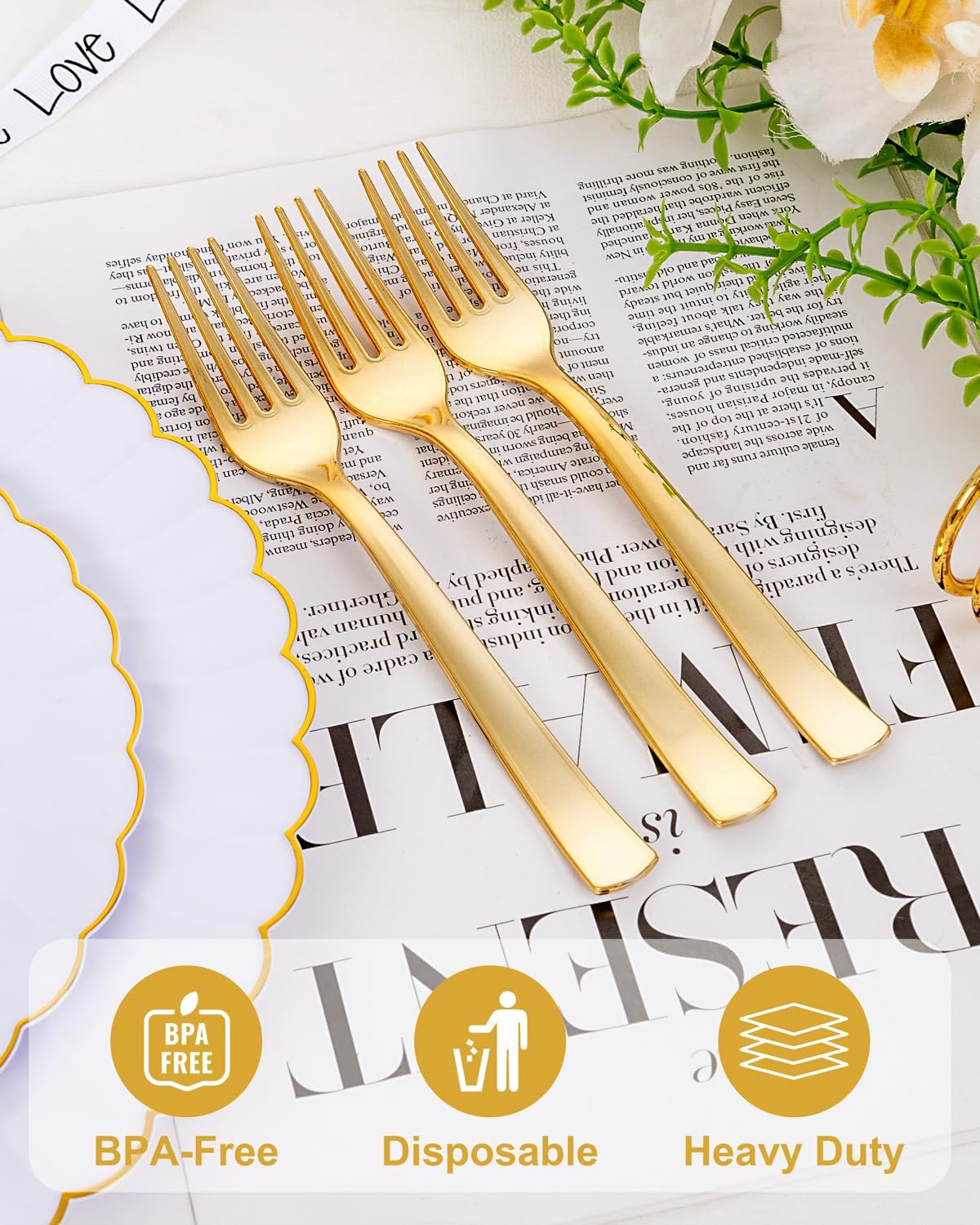 YOUBET 50PCS Gold Plastic Forks - Heavy Duty Plastic Forks - Solid Durable Gold Disposable Silverware for Party Picnic Wedding and Daily Use