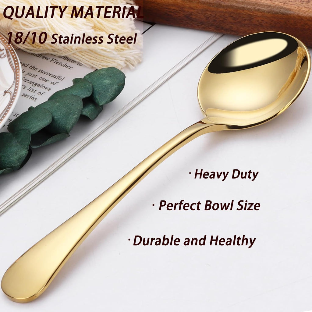 7" Round Soup Spoons Set of 4 18/10 Stainless Steel Heavy Duty with Deep Bowl Fine Mirror Polished Dishwasher Safe(Gold)