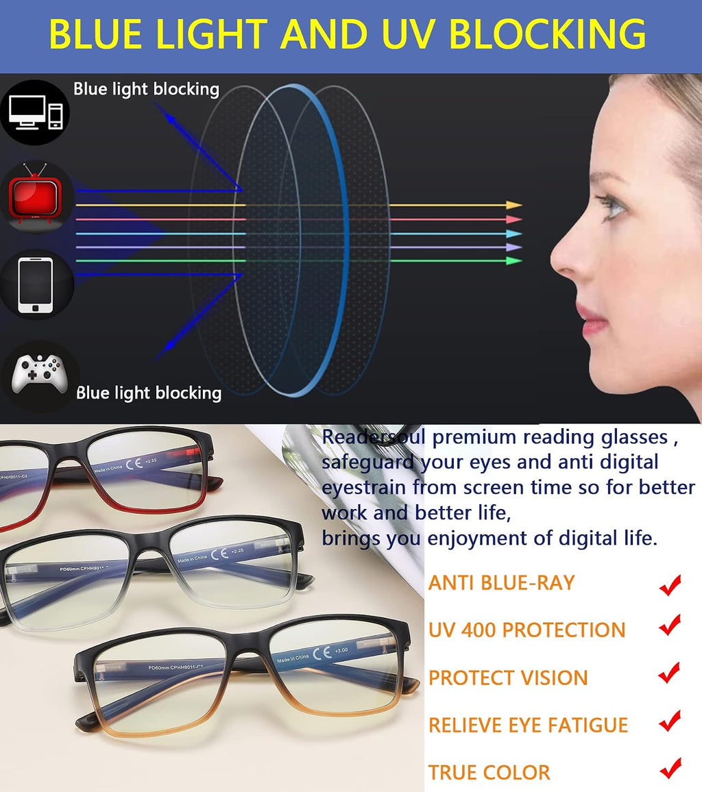 Reading Glasses for Men 4-Pack Stylish Computer Readers with Spring Hinges  Anti Glare/Eye Strain Filter UV Ray Blue Light Blocking Two-tone Reader Eyeglasses +2.5 Magnification Strength