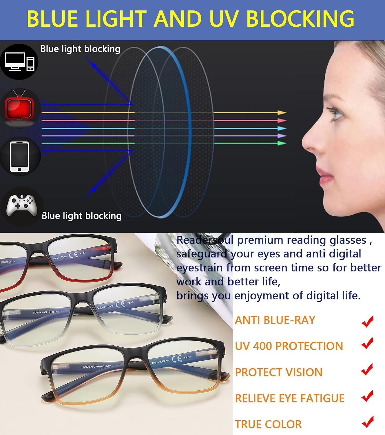 Reading Glasses for Men 4-Pack Stylish Computer Readers with Spring Hinges  Anti Glare/Eye Strain Filter UV Ray Blue Light Blocking Two-tone Reader Eyeglasses +2.5 Magnification Strength