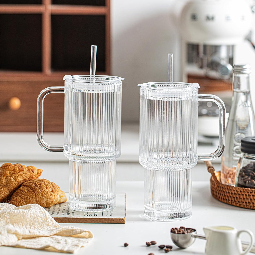 INSETLAN 26oz Ribbed Glass Tumbler with Handle & Lid – 2-Pack Large Iced Coffee Cups with Straws  Modern Glass Mug for Cold & Hot Beverages  Aesthetic Travel Cup for Smoothies  Tea  and Juice