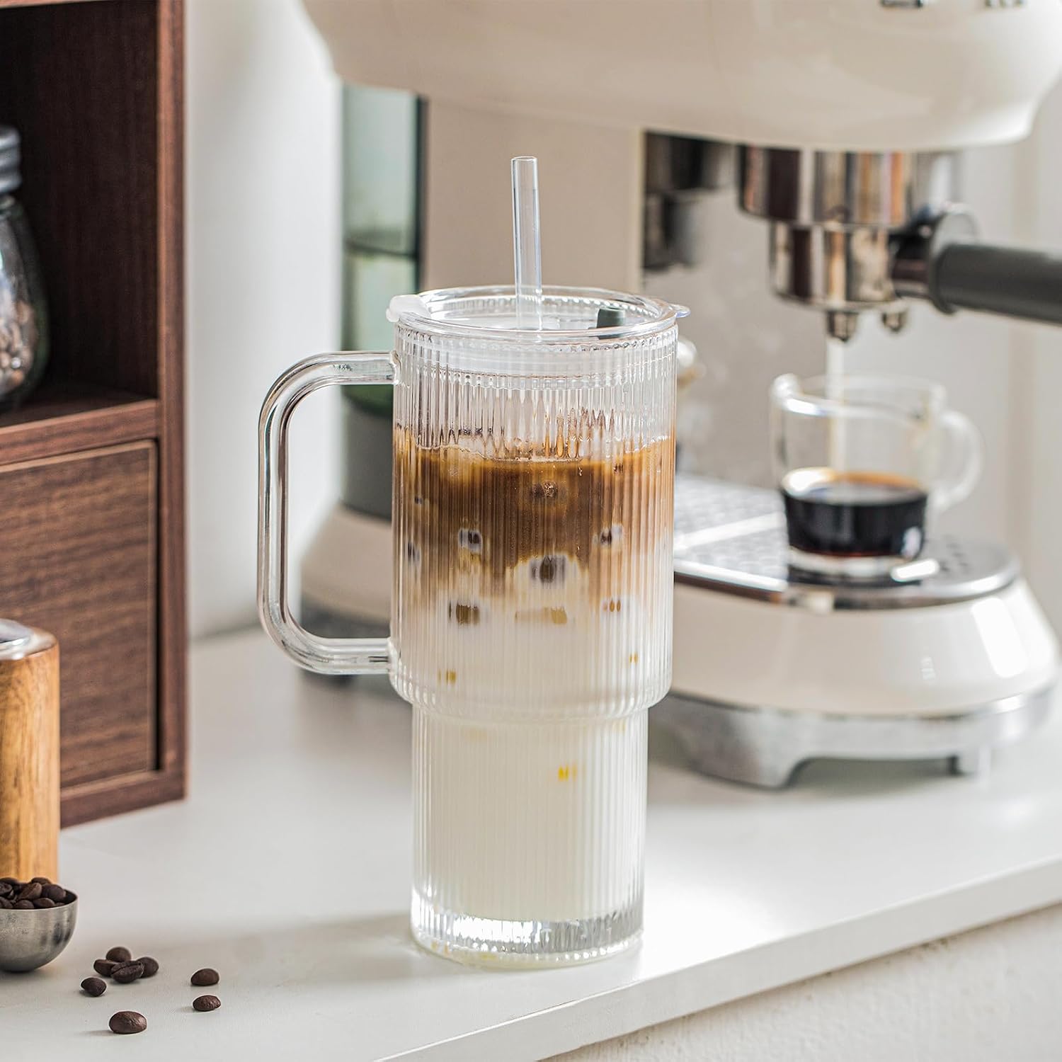 INSETLAN 26oz Ribbed Glass Tumbler with Handle & Lid – 2-Pack Large Iced Coffee Cups with Straws  Modern Glass Mug for Cold & Hot Beverages  Aesthetic Travel Cup for Smoothies  Tea  and Juice