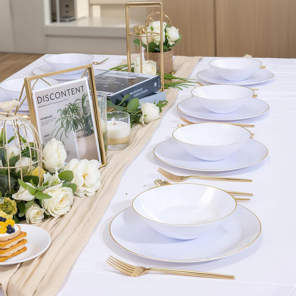 I00000 16 Oz 50 Count White Disposable Soup Bowls with Gold Rim  Plastic Bowls Disposable Premium Heavyweight Elegant Plastic Salad Bowl for Party